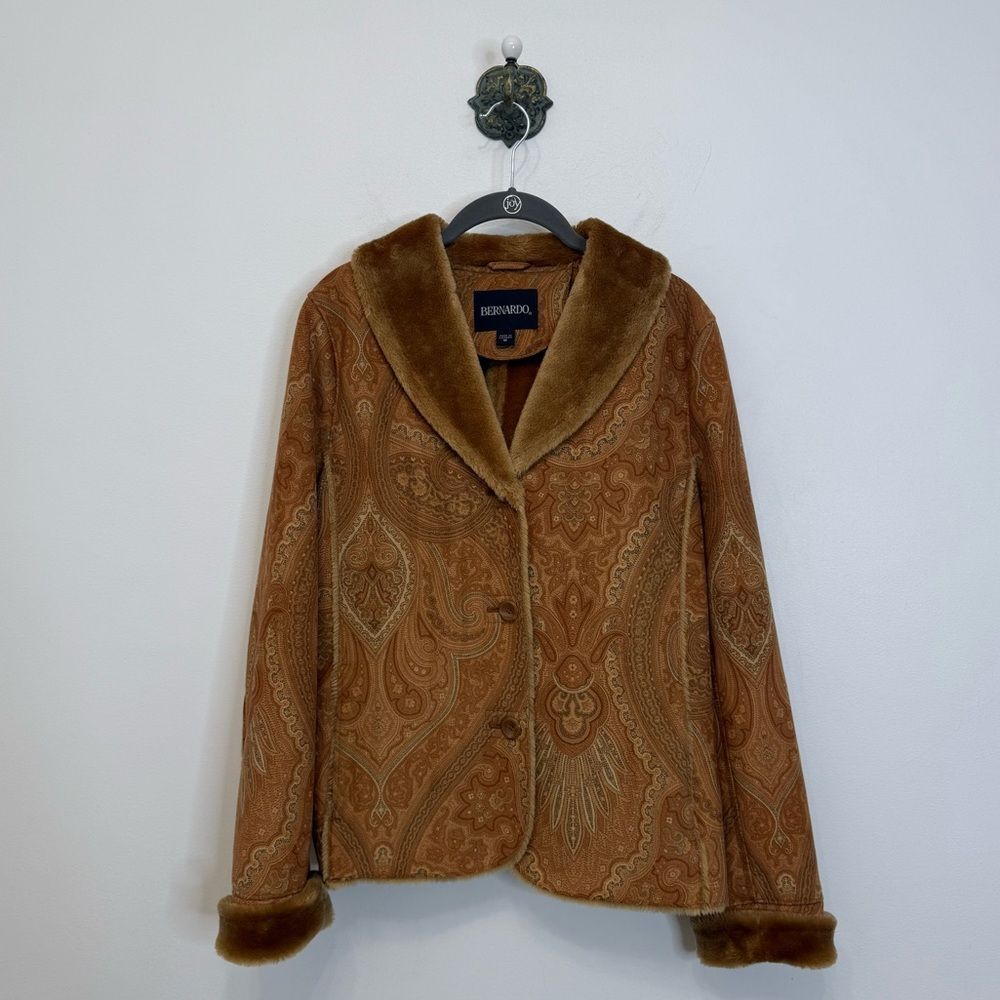 Bernardo Tan Brown Paisley Print Faux Suede Faux Fur Coat Women’s Medium